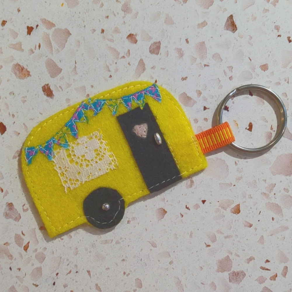 Retro Camper Key Fob Handmade Felt Applique Lace Ribbon Beads Adventure | New #3